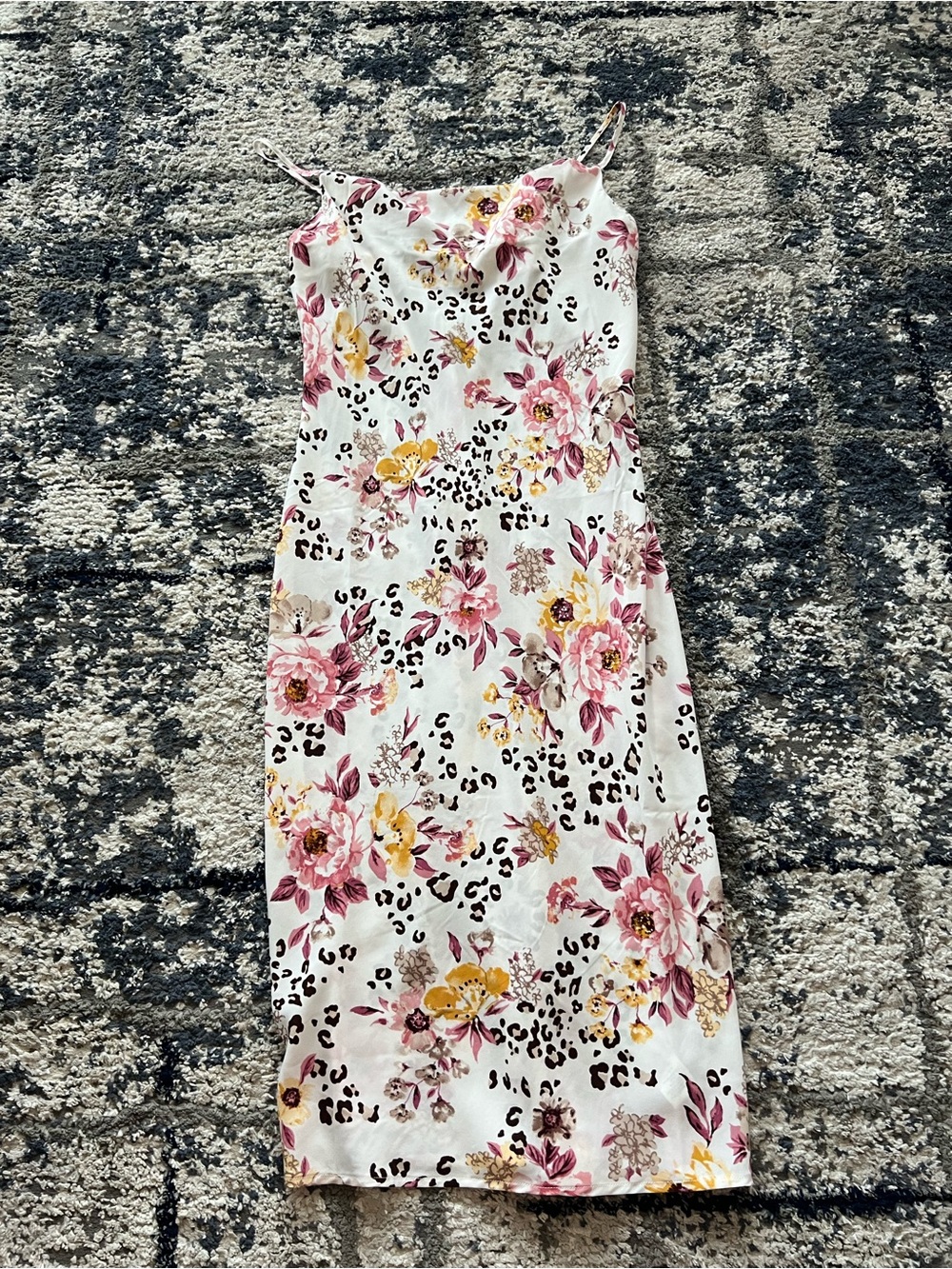 Mi Ami - Floral & Leopard Print Slip Dress - White, Pink & Yellow